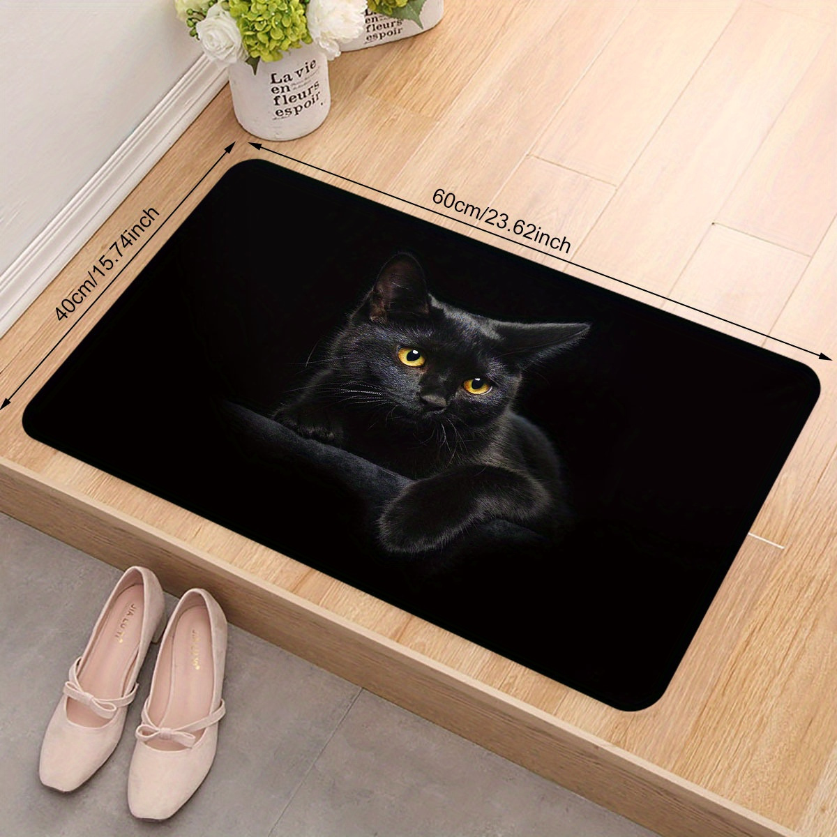 1pc black cat entrance floor mat polyester stain and slip resistant doormat for indoor outdoor use lightweight non slip rectangle rug for christmas mothers day graduation   details 2