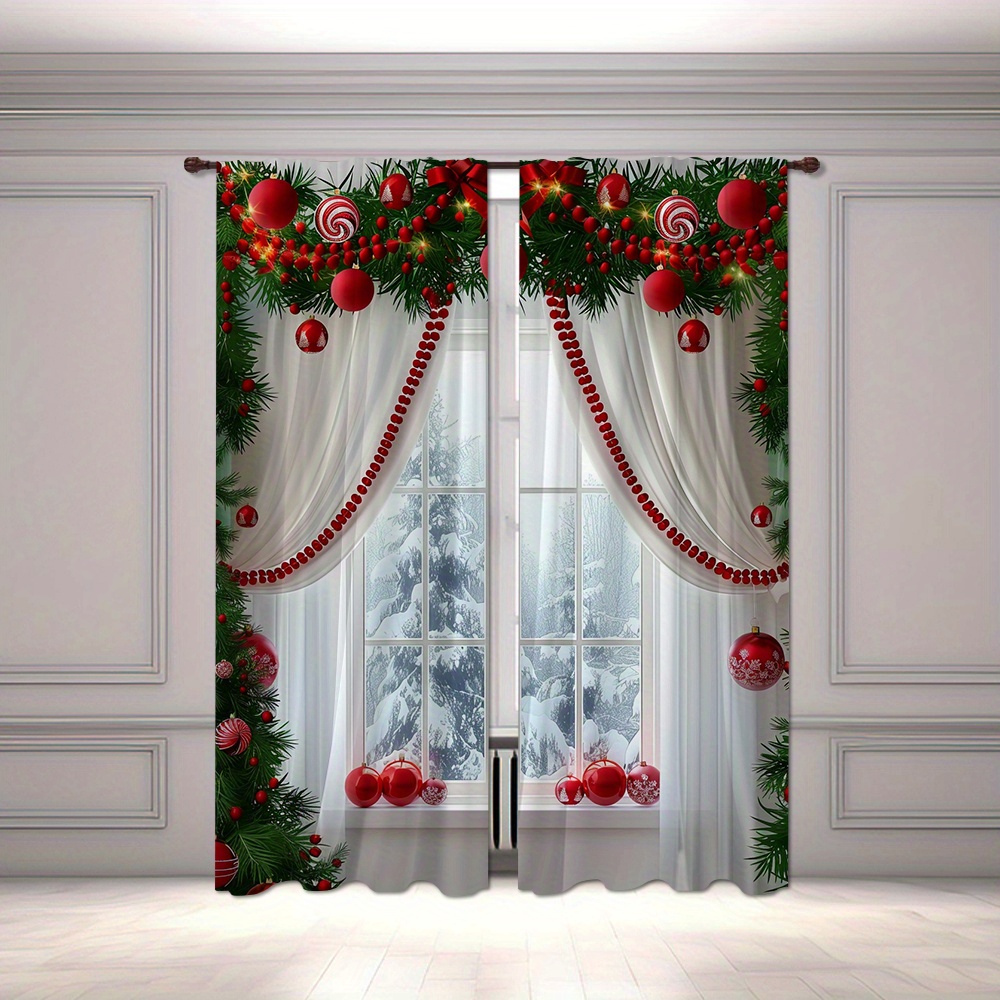 

2-piece Set Christmas & Green Leaf Digital Print Curtains - Rod Pocket Design For Living Room, Bedroom, Kitchen, And Office Decor