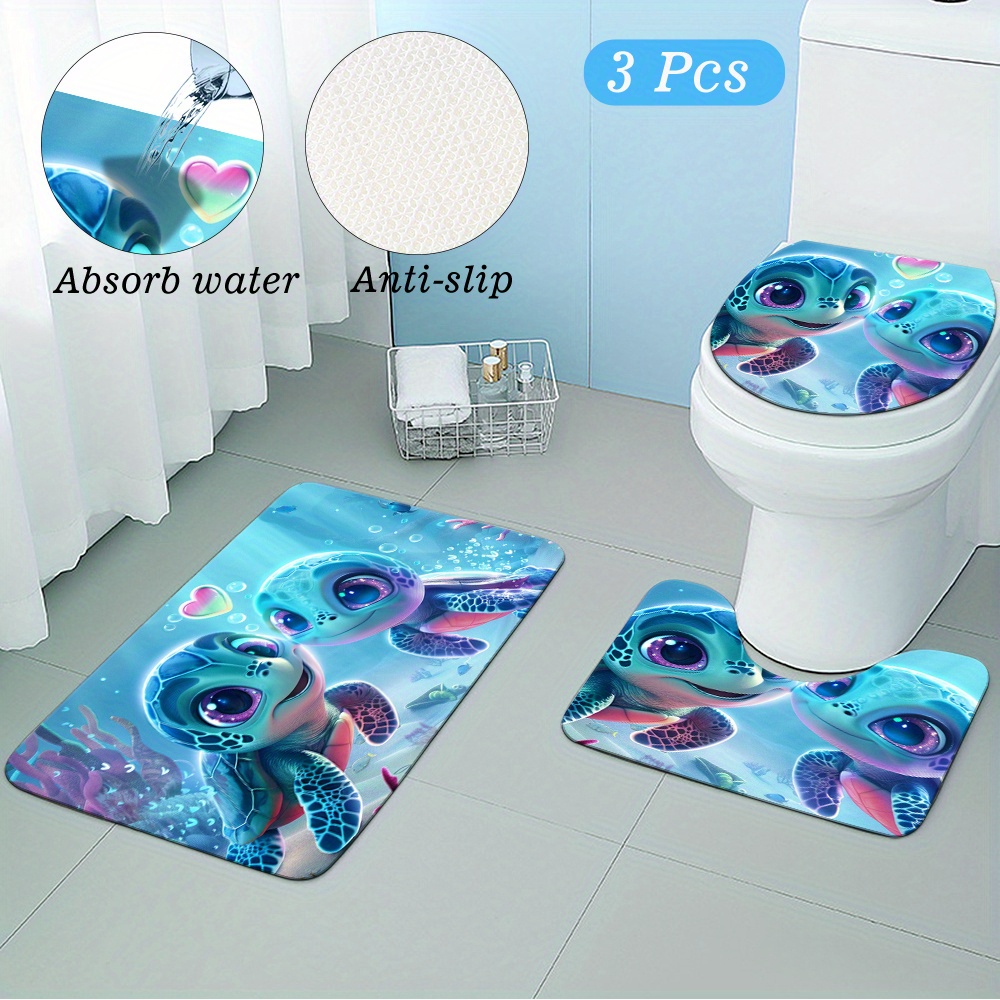 

3pcs Sea Turtle Bathroom Rugs - Low Pile, Non-slip, Machine Washable, Polyester Bath Mats Set - Ocean Themed, Flat Woven, Lightweight, Non-woven Fabric Backing, For Nursery, Home Decor