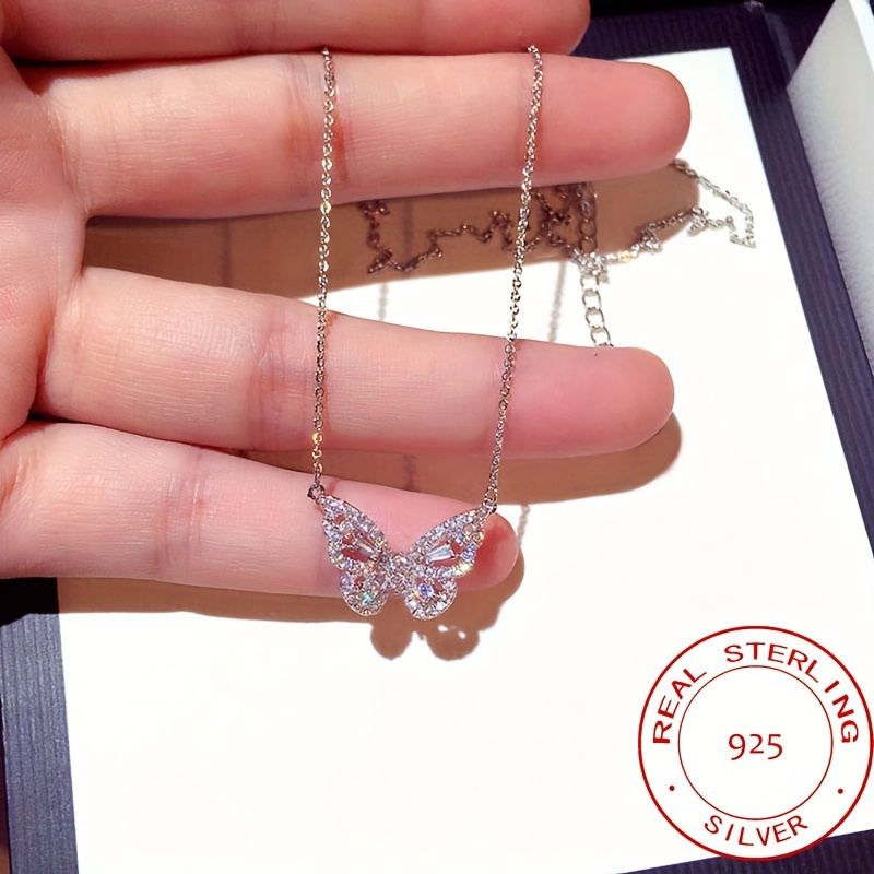 

925 Sterling Silver Butterfly Necklace Inlaid Zirconia Neck Jewelry Women's Fine Jewelry Gift