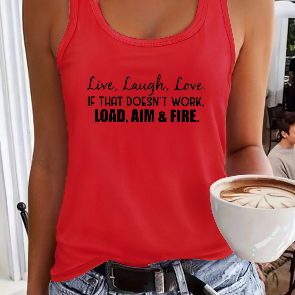 

Live Laugh Love" Women' Sleeveless Tank Top - Casual, Loose Fit With Inspirational Letter Print, Round Neck, Polyester, Machine Washable For