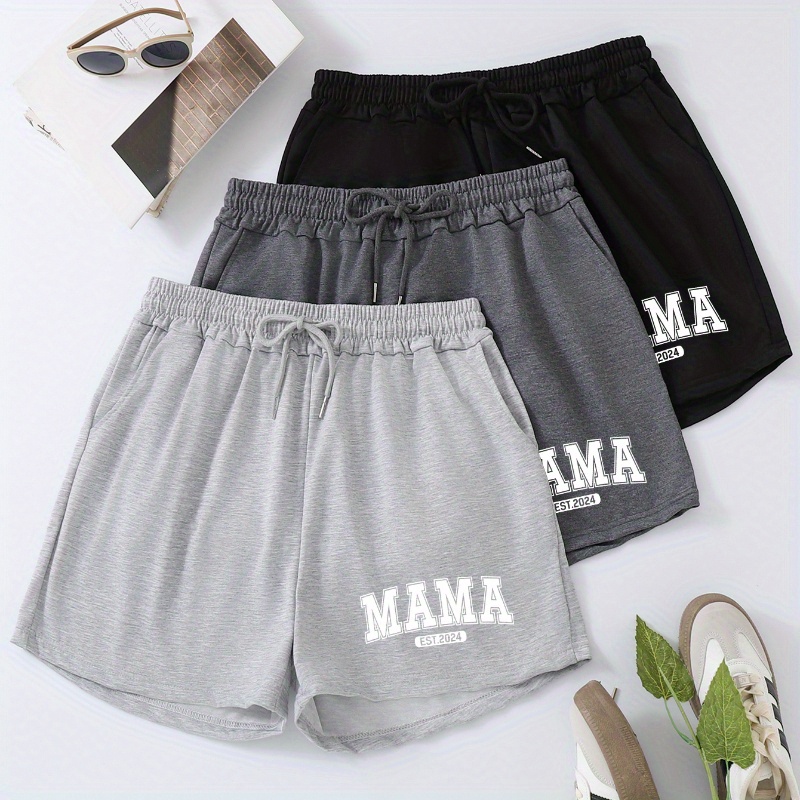 

3 Packs Plus Size Mama Print Drawstring Shorts, Casual Elastic Waistband Shorts For Spring & Summer, Women's Plus Size clothing