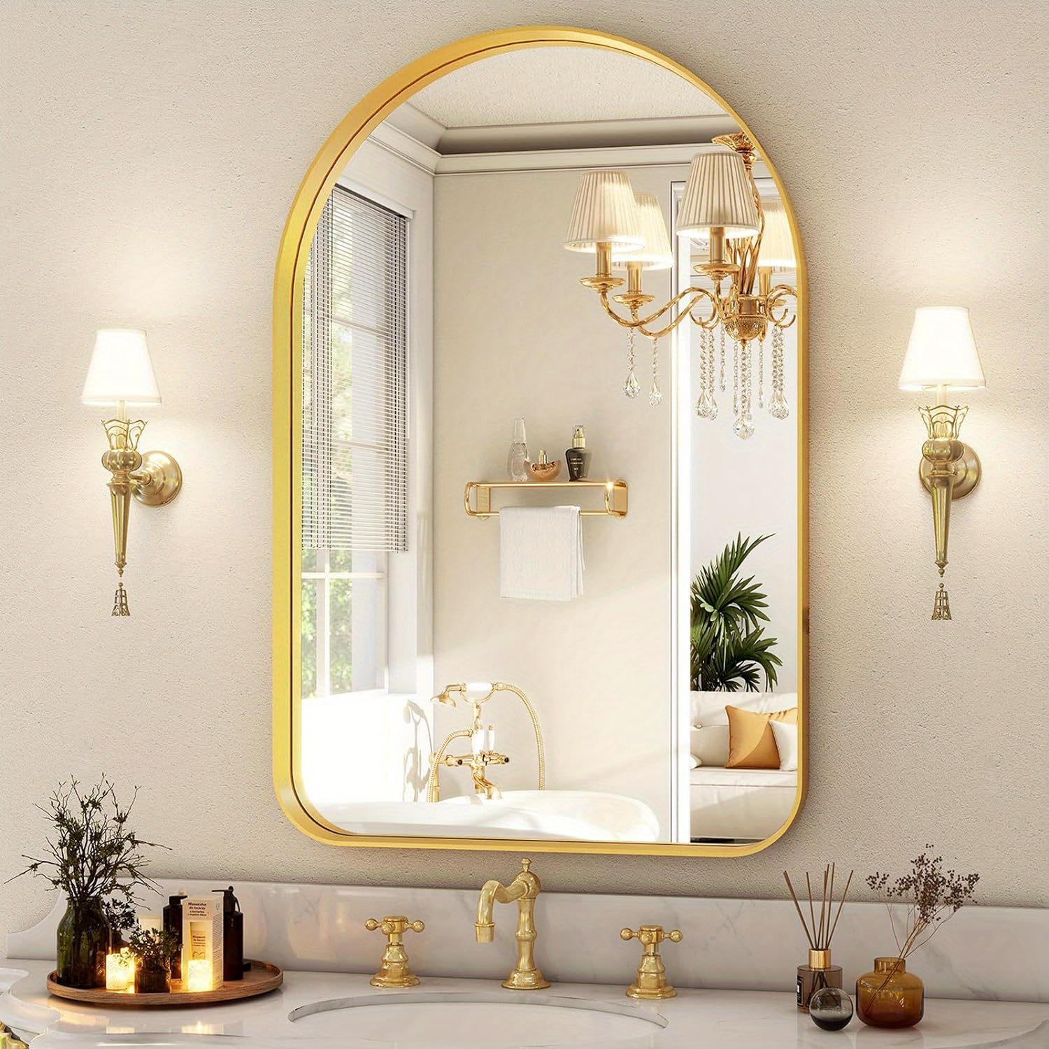 

Arched Bathroom Mirror - Golden Bathroom Mirror For Wall - Aluminum Alloy Mirror - Arched Top Bathroom Vanity Mirror For Living Room, Bedroom, , Entryway, And