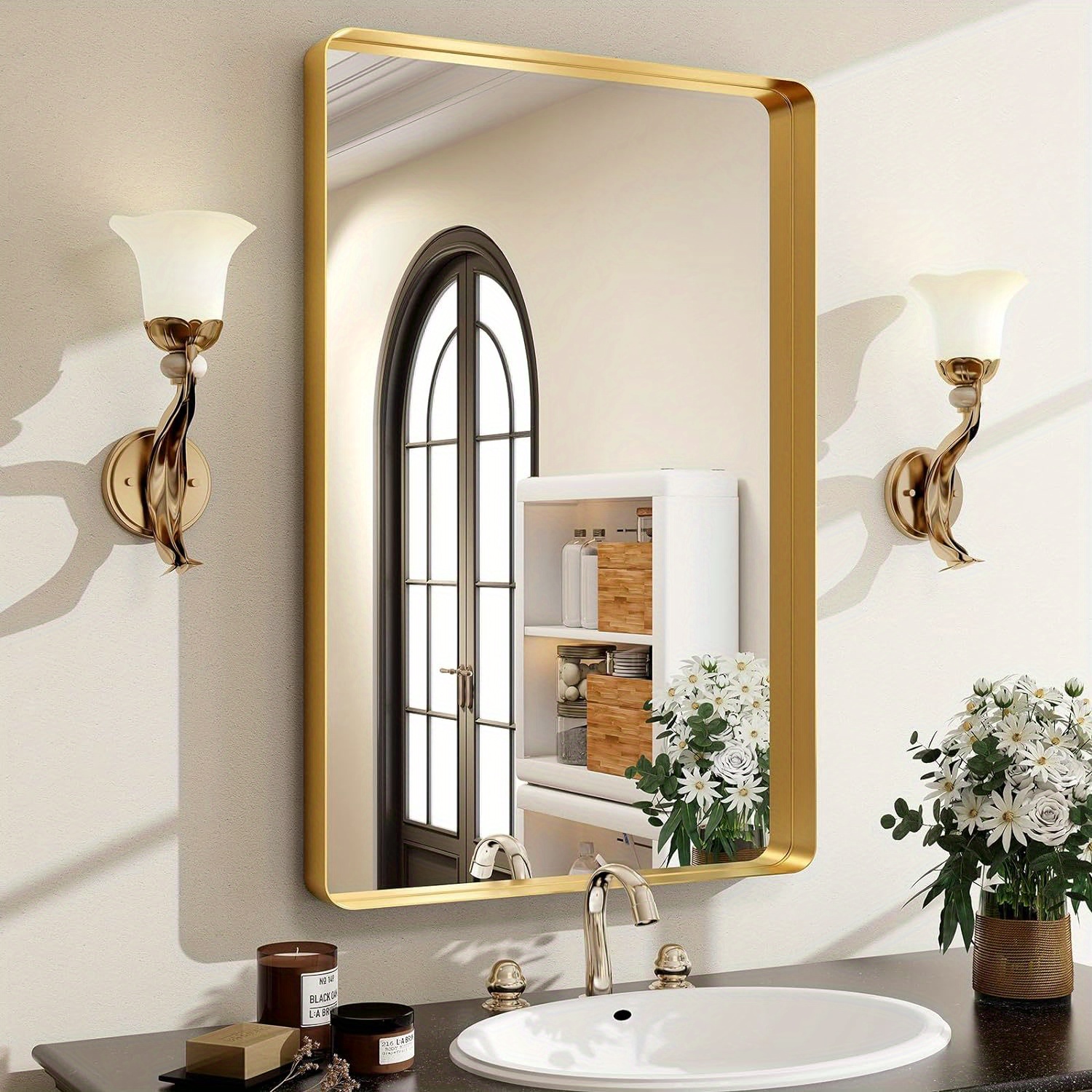 

Golden Bathroom Mirror For Wall, Aluminum Alloy Frame Rectangular Wall Mounted Mirror For Farmhouse Decor Horizontal Or Vertical Ideal For Bedroom, Living Room