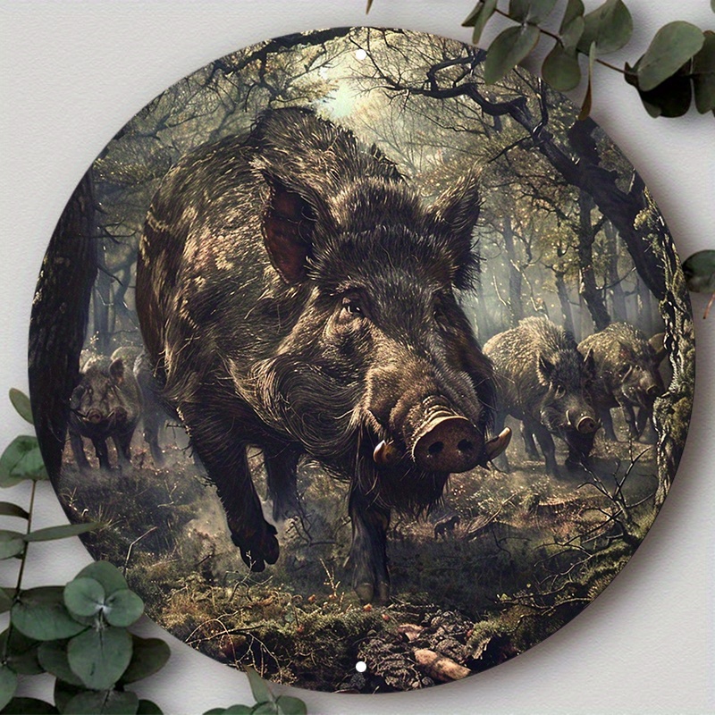 

Wild Boar Forest Scene Aluminum Metal Wall Art - 8x8 Inch Circular Sign With Hd Printing - Waterproof And Weather Resistant - Perfect For Home, Tavern, Club Decoration - Xb1167