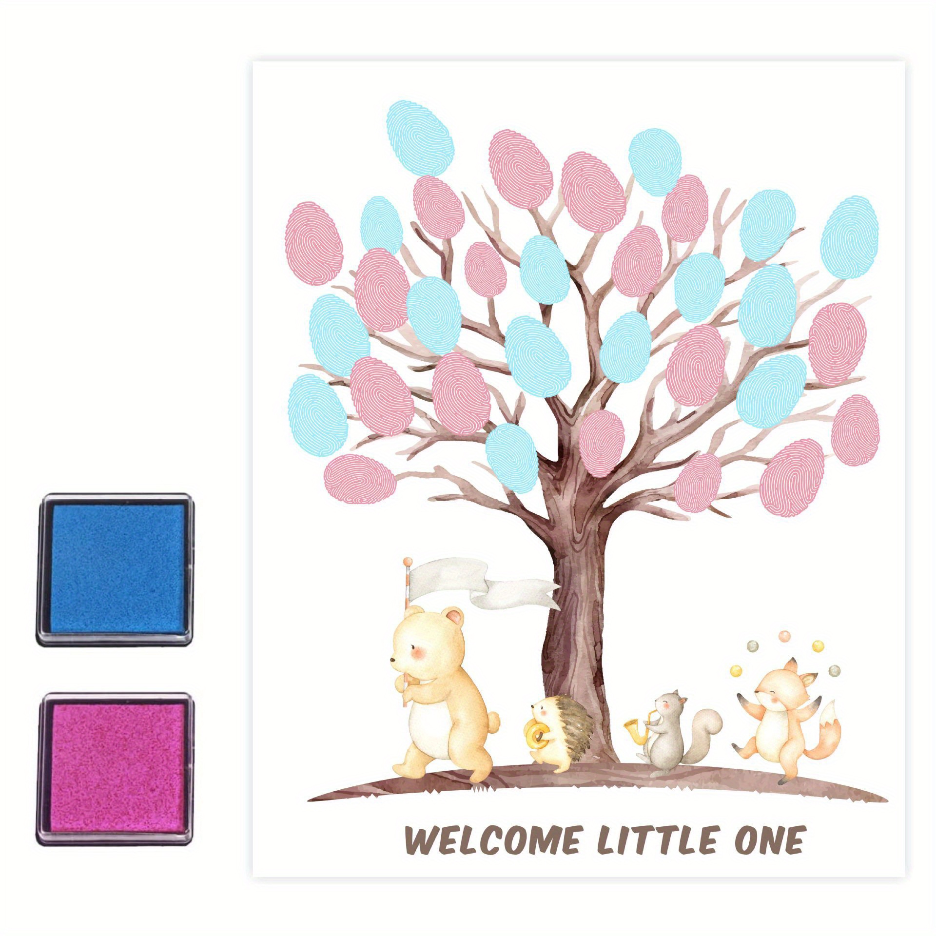 

Gender Reveal Party Fingerprint Decoration Kit With Tree And Animals Design, , Includes Ink Pads - Baby Shower Keepsake For Guests