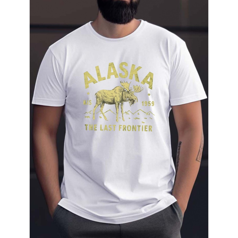 

Moose Alaska Creative Print Stylish T-shirt For Men, Casual Summer Top, Comfortable And Fashion Crew Neck Short Sleeve, Suitable For Daily Wear