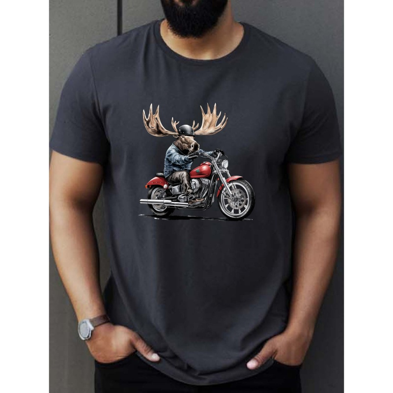 

Moose Biker Creative Print Summer Casual T-shirt Short Sleeve For Men, Sporty Leisure Style, Fashion Crew Neck Top For Daily Wear