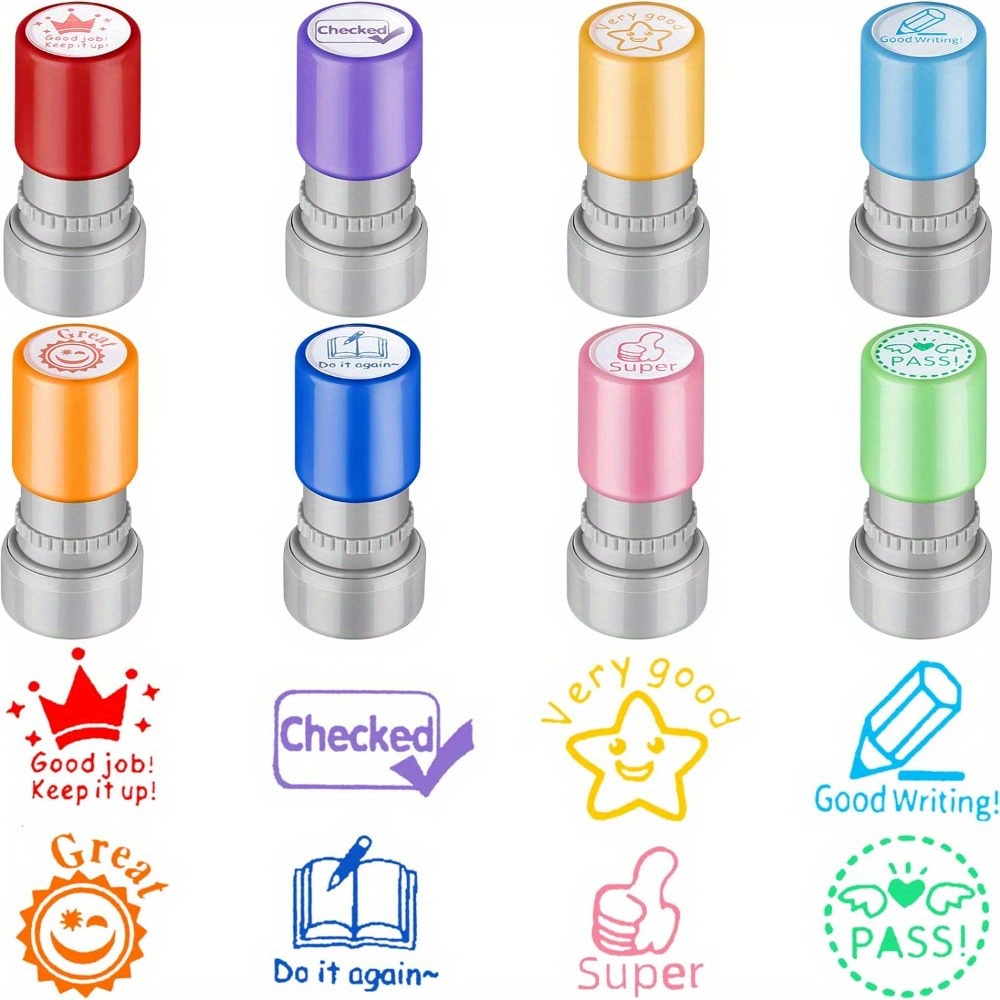 

8-piece Colorful Self-inking Teacher Stamps - Motivational Picture Stamp Set For Grading & Student Encouragement