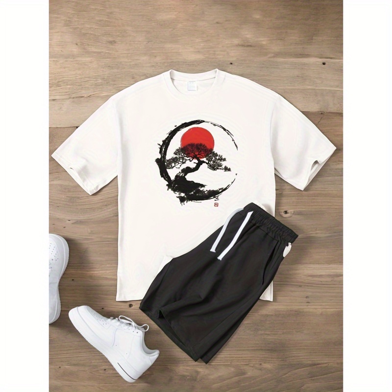

Japanese Style Illustration Print Tee Shirt, Tees For Men, Casual Short Sleeve T-shirt For Summer