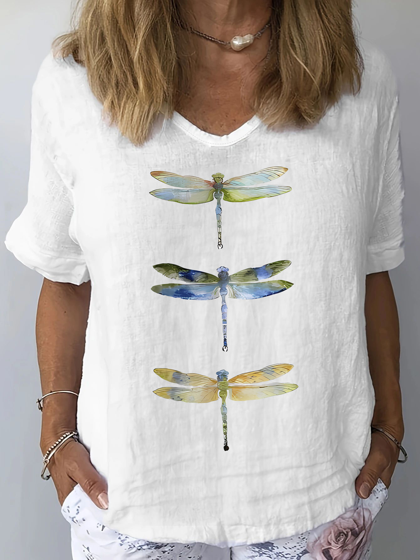 dragonfly print t shirt short sleeve v neck casual top for summer spring womens clothing white 0