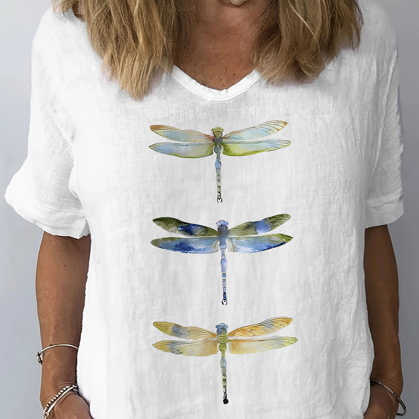 

Dragonfly Print T-shirt, Short Sleeve V Neck Casual Top For Summer & Spring, Women's Clothing