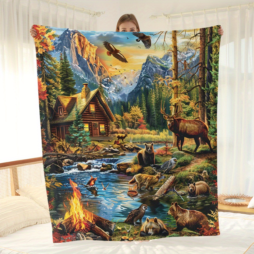 

Rustic Cabin Wildlife Flannel Fleece Throw Blanket – Contemporary All-season Polyester Woven Blanket With Nature Scenery, Mountains And Animals Print – Ideal For Sofa, Gift, And Nap – Various Sizes
