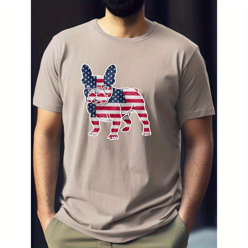 

American Flag French Bulldog Print, Men's Round Crew Neck Short Sleeve Tee, T-shirt Casual Comfy Lightweight Top For Summer