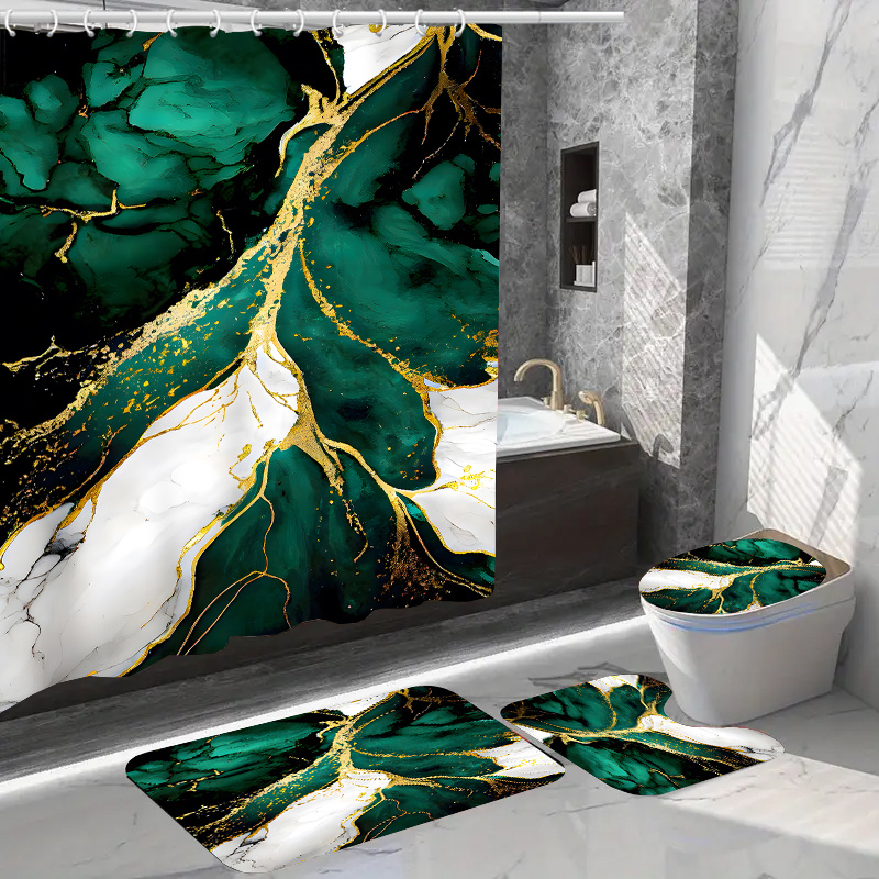 

1/4pcs Marble Print Bathroom Set, Includes 70.87x70.87 Inch Waterproof Shower Curtain With 12 Hooks, Non-slip Toilet Seat Cover And Bath Mat, Green And , Durable Polyester, Easy Clean
