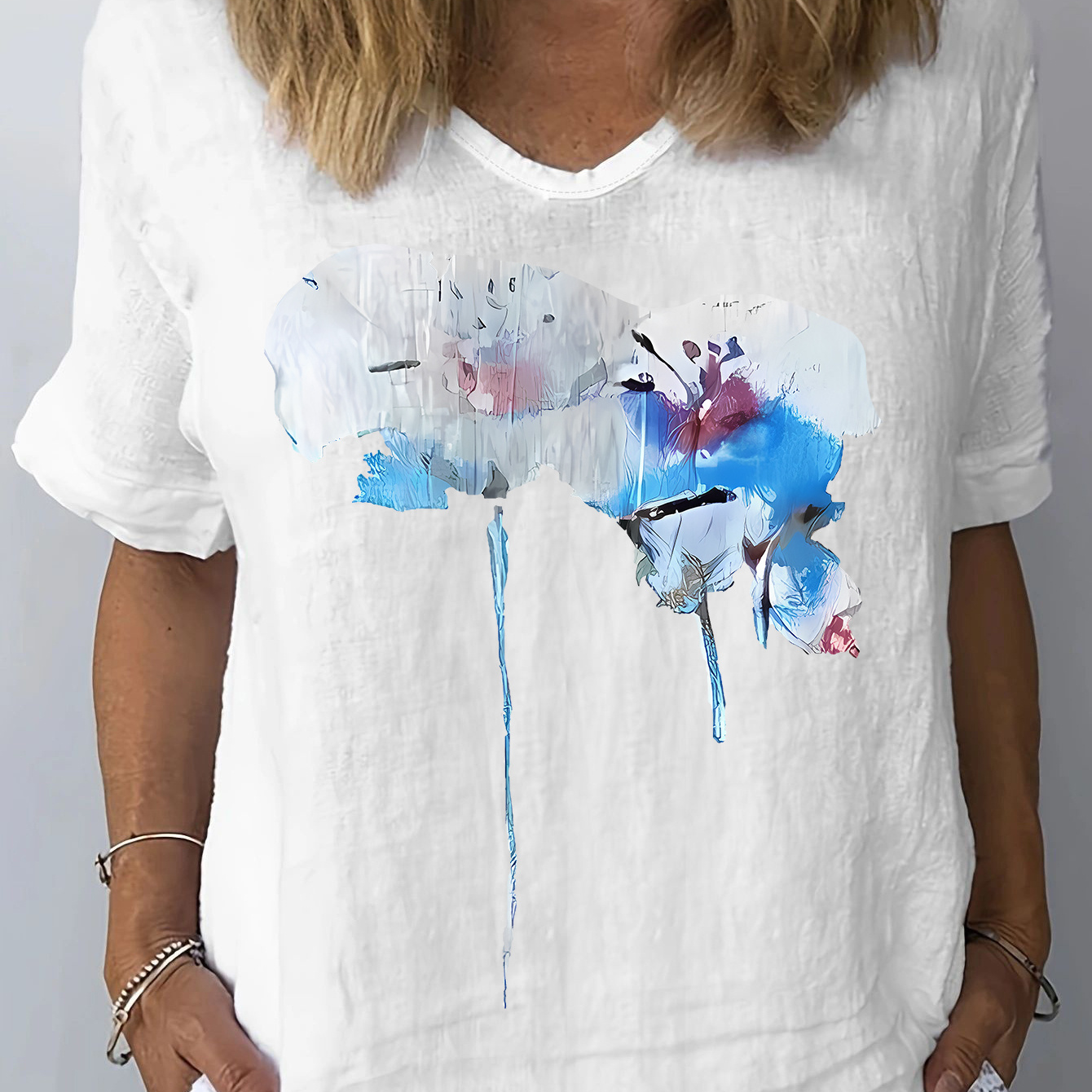 

Pigment Print T-shirt, Short Sleeve V Neck Casual Top For Summer & Spring, Women's Clothing