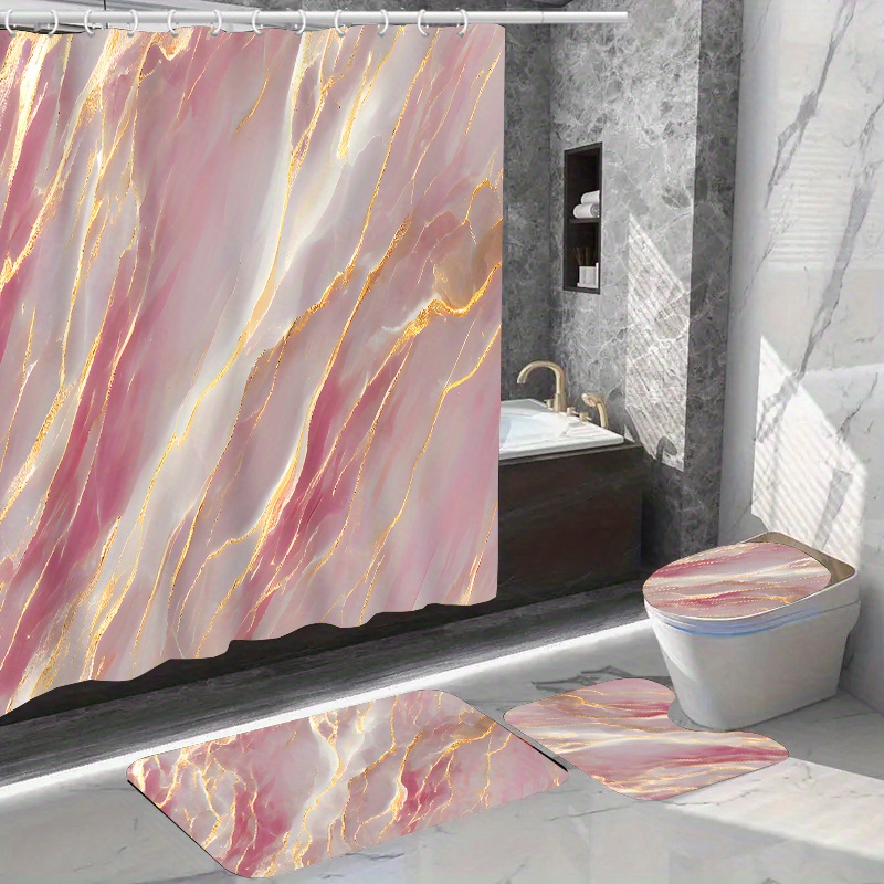 

1/4pcs Pink Marble Pattern Shower Curtain Set, Waterproof Shower Curtain With Non-slip Bath Mat, U-shaped Rug, Toilet Lid Cover, And 12 Hooks, Bathroom Accessory Kit For Home Decor
