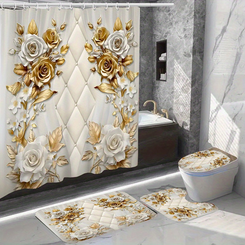 

Shower Curtain Set 12 , Bath Mat, U-shaped Rug & Lid - Polyester Bathroom Decor Kit