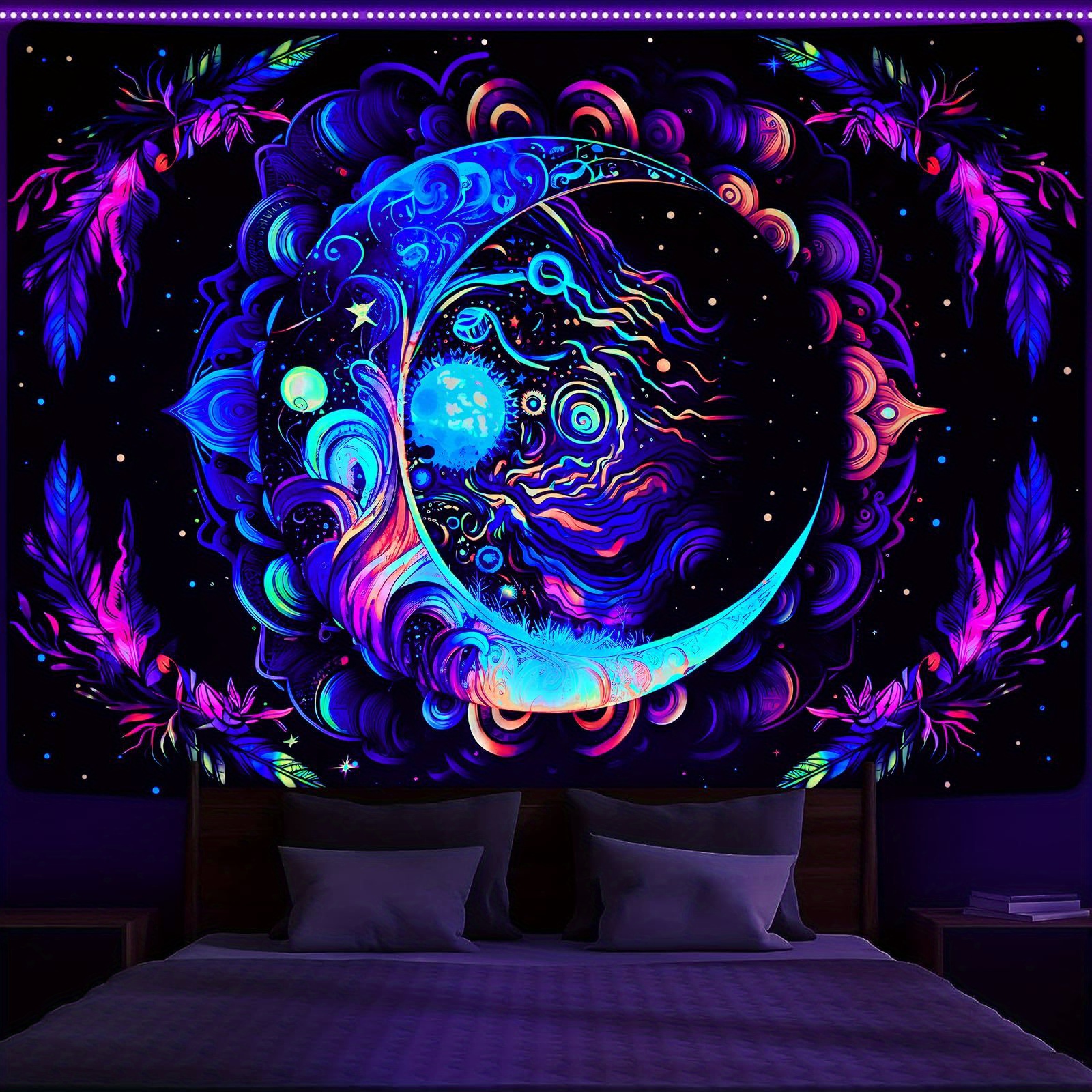 

Uv Reactive Blacklight Tapestry - Bohemian Design - Mysterious Aesthetic Boho Wall Hanging - Polyester Knit Fabric - No Electricity Required - People Theme With Plaid Pattern - Transverse Orientation