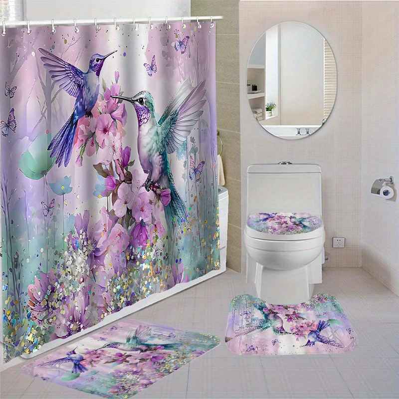 

Waterproof Hummingbird Floral Shower Curtain Set With Non-slip Bath Mats, Toilet Seat Covers, And 12 Hooks - Polyester Fabric, Water-resistant, Fashion Patterned, Animal Themed, Woven Weave, Only