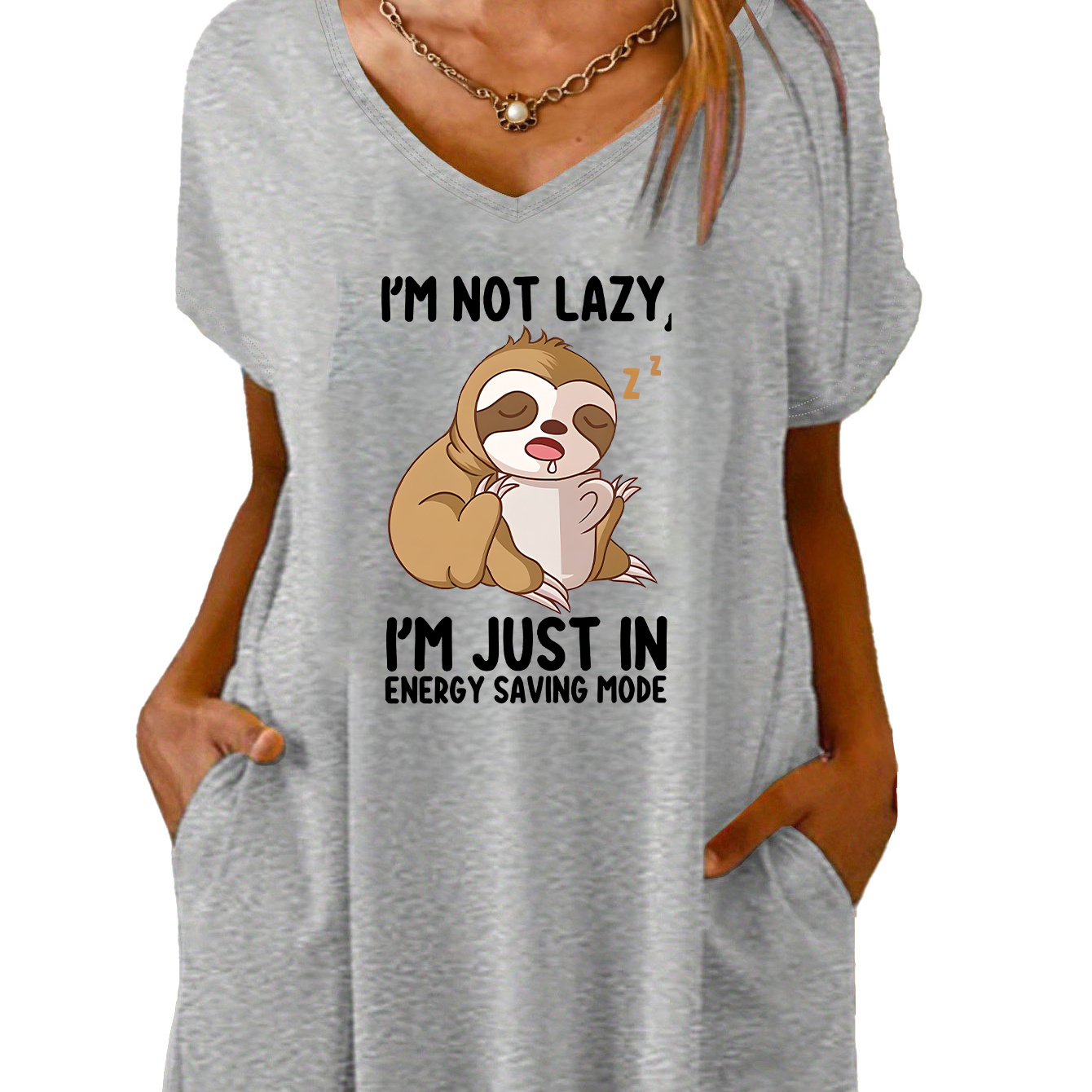 

Women's Cute Sloth & Slogan Print Lounge Dress, Batwing Sleeve V Neck Loose Fit Tee Dress With Pockets, Comfortable Nightgown