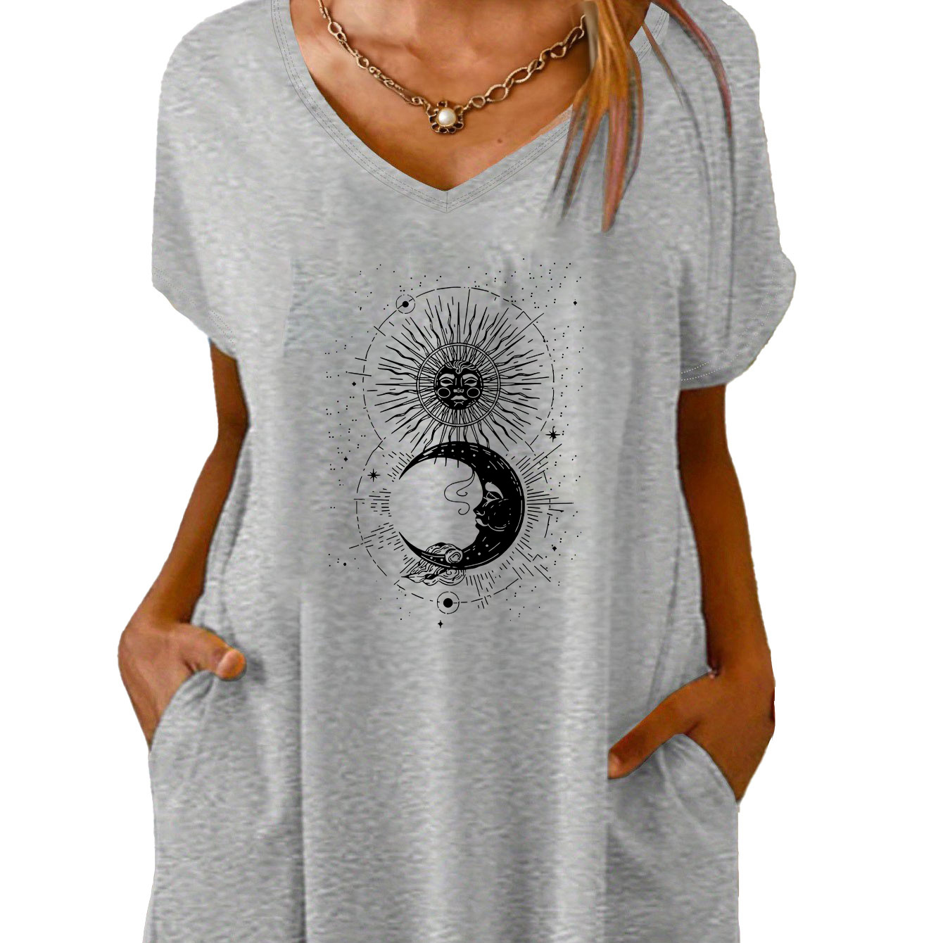 

Women's Sun & Moon Print Casual Lounge Dress, Batwing Sleeve V Neck Loose Fit Tee Dress With Pockets, Comfortable Nightgown