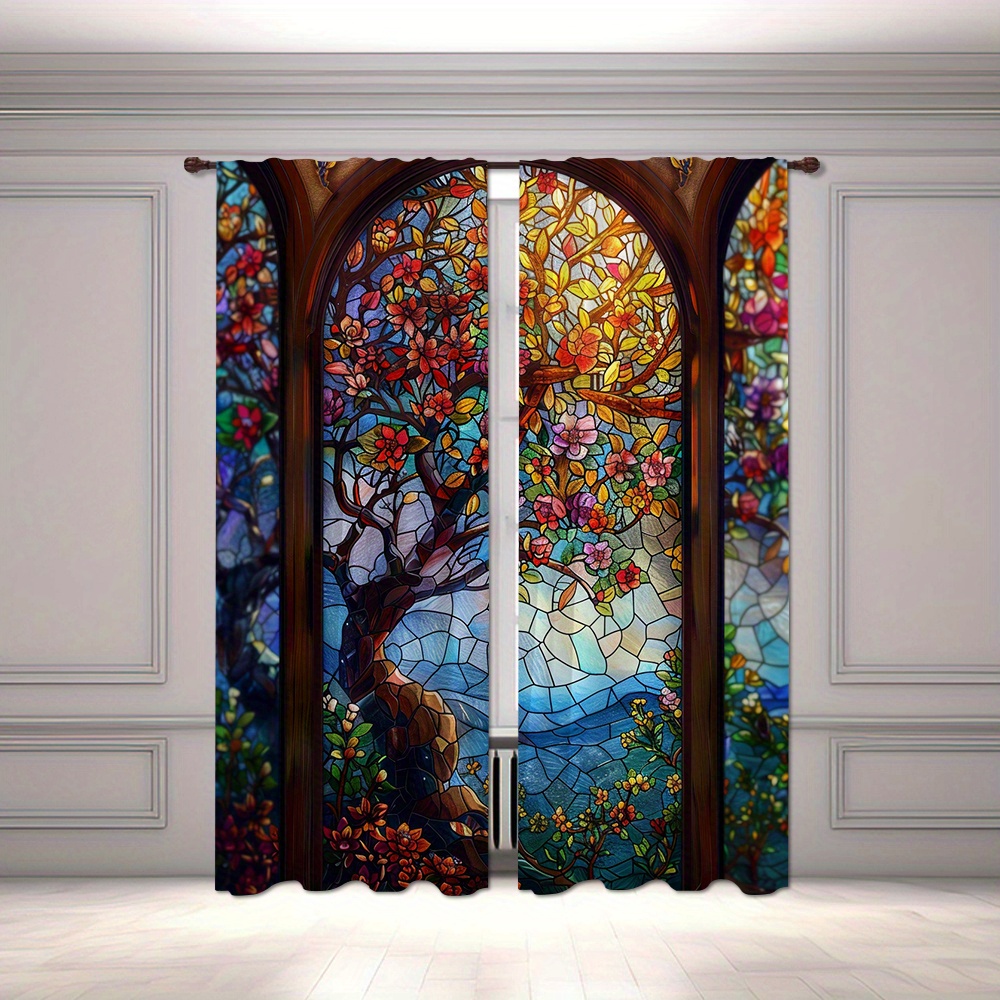 

2pcs Contemporary Blackout Curtains - Tree Of Life And , Polyester Knit Weave Drapes For Bedroom, Living Room, Office - Machine Washable Rod Pocket Window Treatments - Landscape Theme