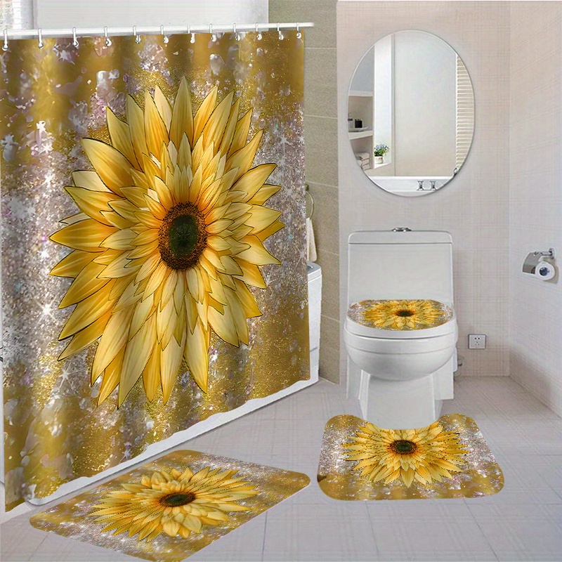 

1/4pc Sunflower Shower Curtain Set, Waterproof & Washable Polyester Fabric, 70.87x70.87 Inches With 12 Hooks, Non-slip Bathroom Rugs And Toilet Mats, Decorative Bath Accessory Kit With Floral Design