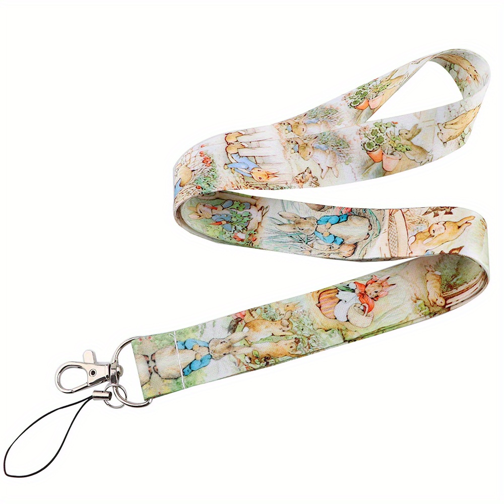 Image of 1pc Fairytale Bunny Art Neck Strap Lanyards | Cartoon Animal Theme, Polylactic Acid, Split Ring Closure, Floating Design For Keys, Id, Credit Cards, Phone Charm Additions