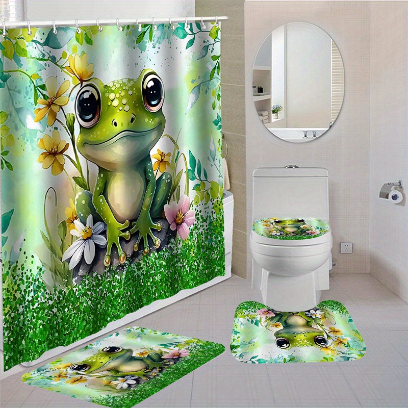 

1/4pcs Frog Theme Bathroom Set, Waterproof Polyester Shower Curtain, 70.87x70.87 Inches With 12 Hooks, Non-slip Bath Mats Rugs And Toilet Covers, Washable, Window Bathroom Decor Accessories