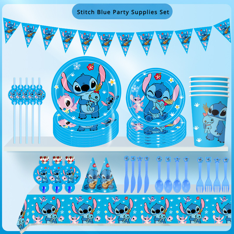 

Stitch Blue Party Supplies Set - Cartoon Themed Birthday Celebration And Outdoor Event Decorations, Includes Plates, Cups, Banners, Cutlery, And More - Ume Brand