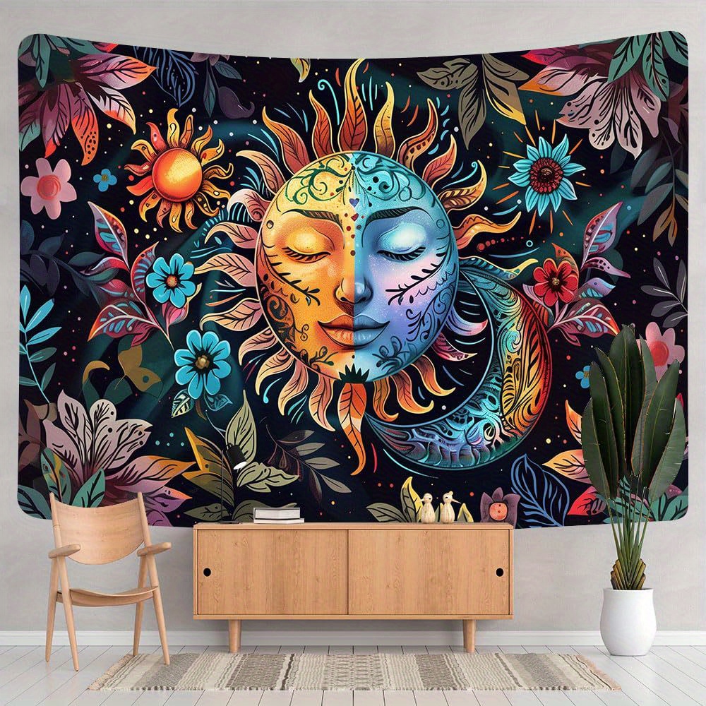 

Psychedelic Sun And Moon Tapestry - Floral Hippie Boho Wall Hanging, Knit Fabric Polyester, People Theme, Plaid Patterned, Transverse Orientation, Vintage Aesthetic For Bedroom And Living Room Decor.