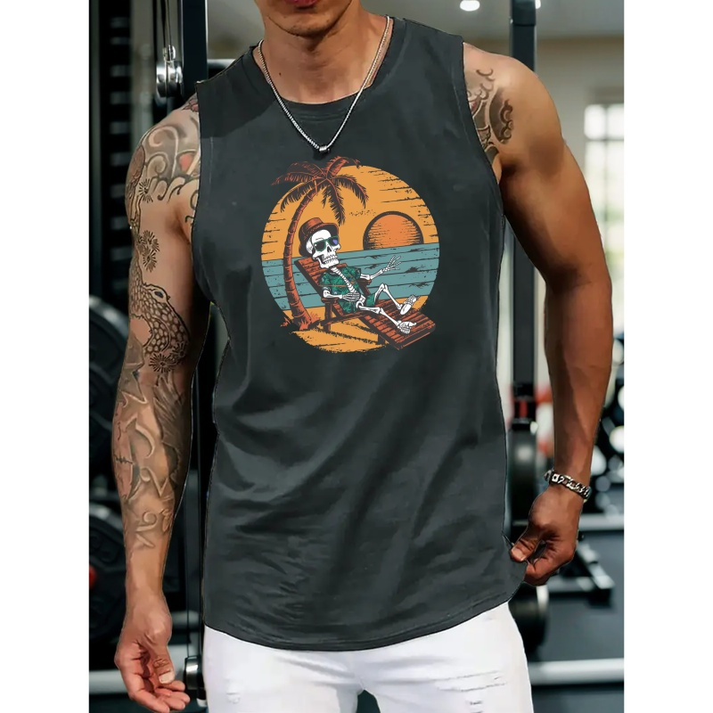 

Sunglasses Skeleton Beach Graphic Print Men's Crew Neck Sleeveless Tank Top, Summer Trendy Daily Tank Top, Casual Comfortable Versatile Top For Outdoor Sports & Vacation Hiking