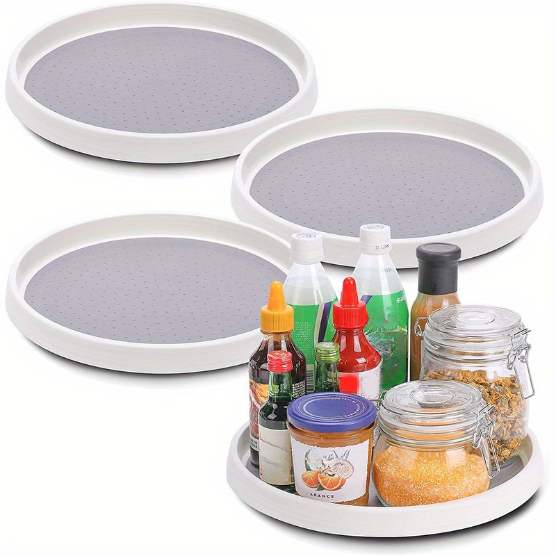 1pc versatile rotating kitchen organizer white plastic round turntable with gray non slip mat for spices oils vinegars snacks ideal for countertop fridge storage turntable organizer for kitchen details 0