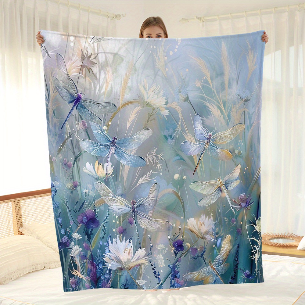 

Dragonfly Series Flannel Fleece Throw Blanket - Contemporary Woven Polyester Sofa Cover, All-season Lightweight Nap Blanket With Artistic Floral And Dragonfly Print For Gift