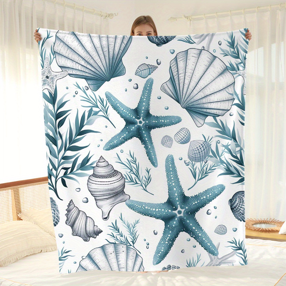 

Coastal Shell Series Flannel Throw Blanket - All-season Lightweight Polyester Woven Sofa Cover, Starfish And Seashell Print, Contemporary Style, Versatile For Napping Or Decorative Gift
