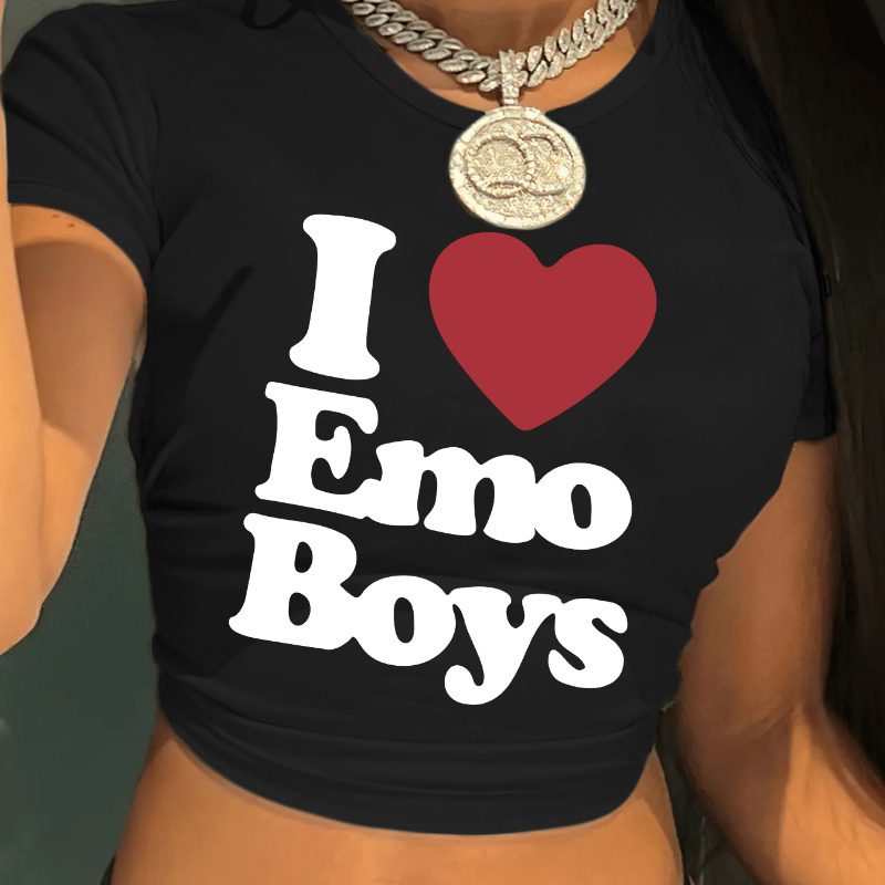 

I Love Emo Boys Print Crop T-shirt, Casual Crew Neck Short Sleeve Top For Spring & Summer, Women's Clothing