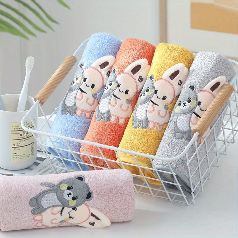 

Ultra-soft Coral Fleece Bath Towel Set With Cute Bear & Rabbit Embroidery - Thick, Absorbent, And Cozy For Daily Use