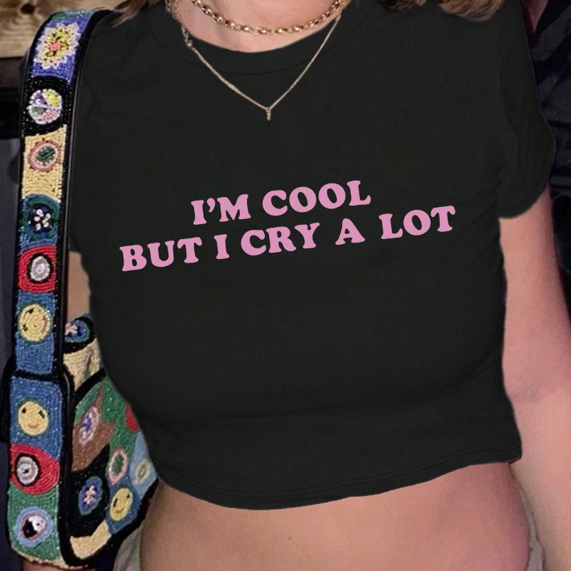 

I'm Cool Print Crop T-shirt, Casual Crew Neck Short Sleeve Top For Spring & Summer, Women's Clothing