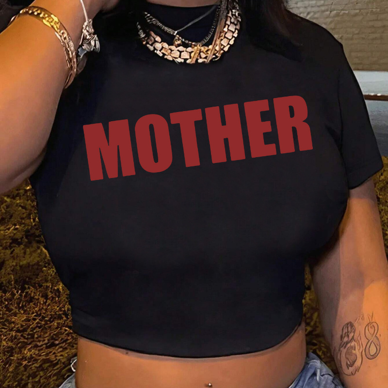 

Mother Print Crop T-shirt, Casual Crew Neck Short Sleeve Top For Spring & Summer, Women's Clothing