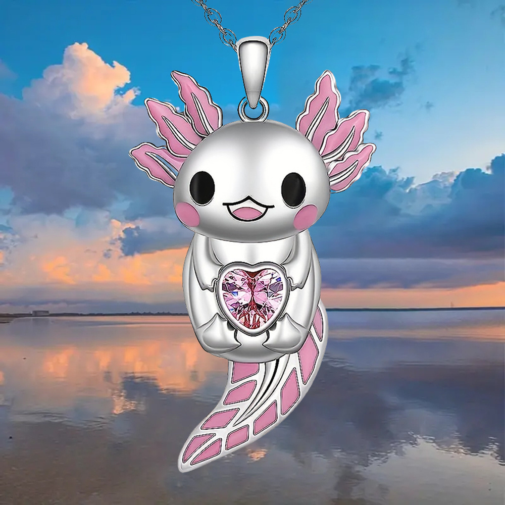 

1pc Cute Trendy Axolotl Shining Heart Shape Zirconia Pendant Necklace, Perfect Holiday Gift