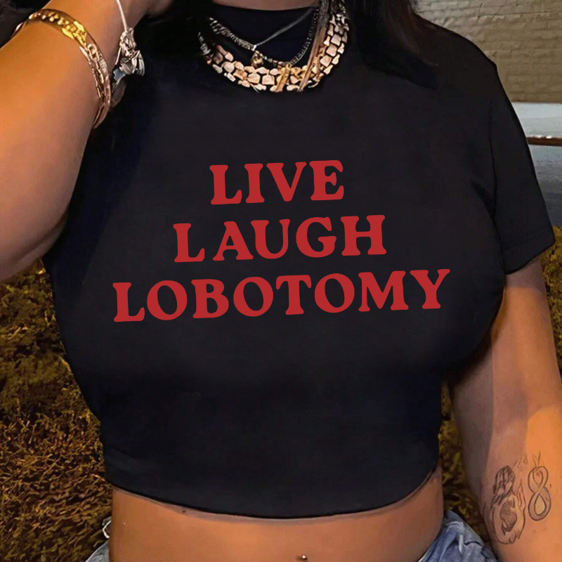 

Live Laugh Print Crop T-shirt, Casual Crew Neck Short Sleeve Top For Spring & Summer, Women's Clothing