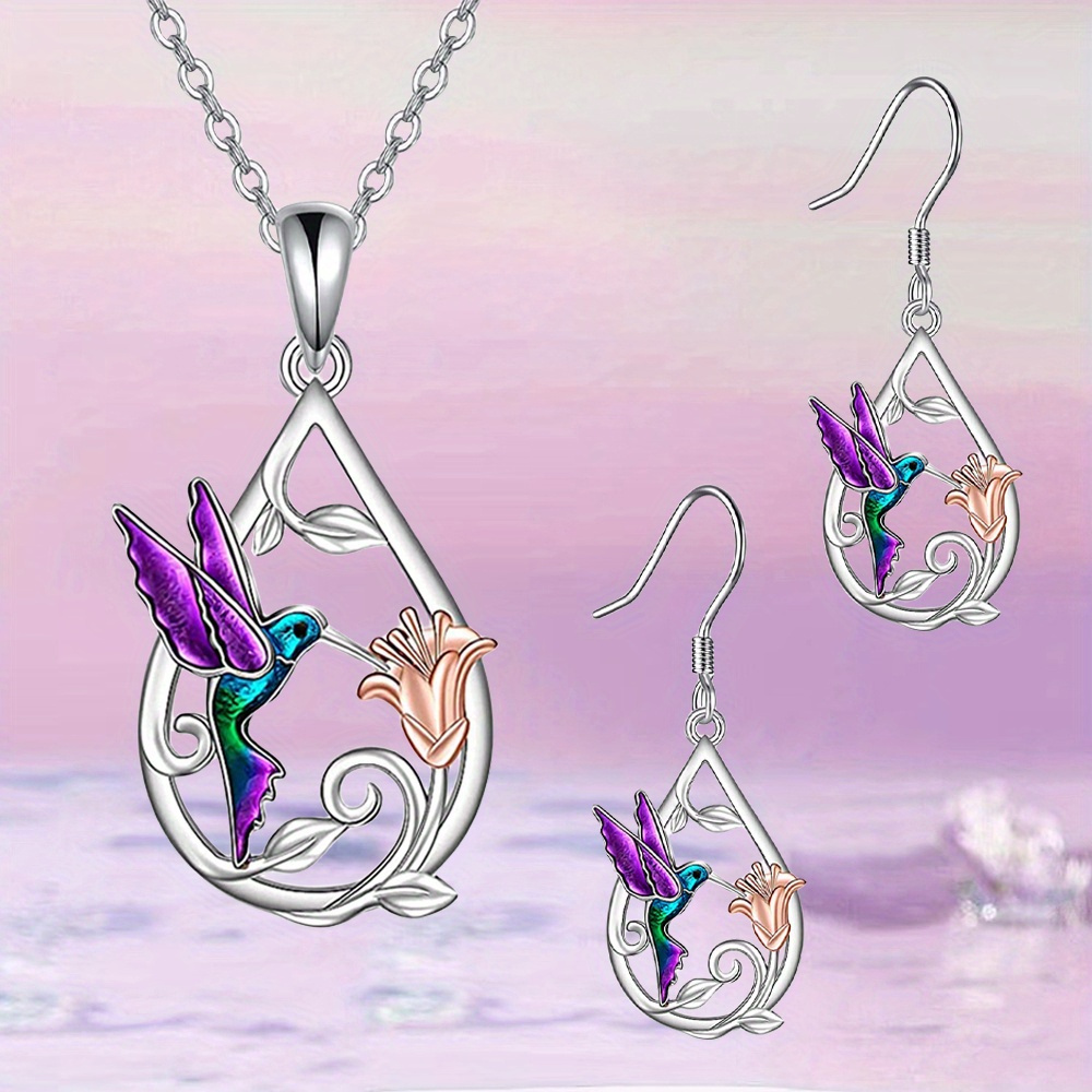 TEMU 3pcs, Cute Hummingbird With Flowers Decor Shaped Pendant Necklace Earrings, Birthday Holiday Gift