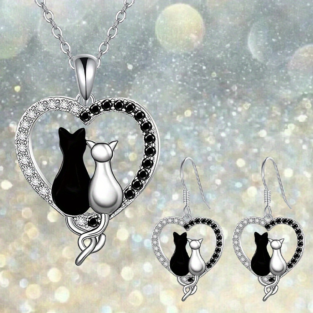 TEMU 3pcs, Cute Black Cat White Cat Heart-shaped Necklace Earrings Set, Birthday Christmas Gift