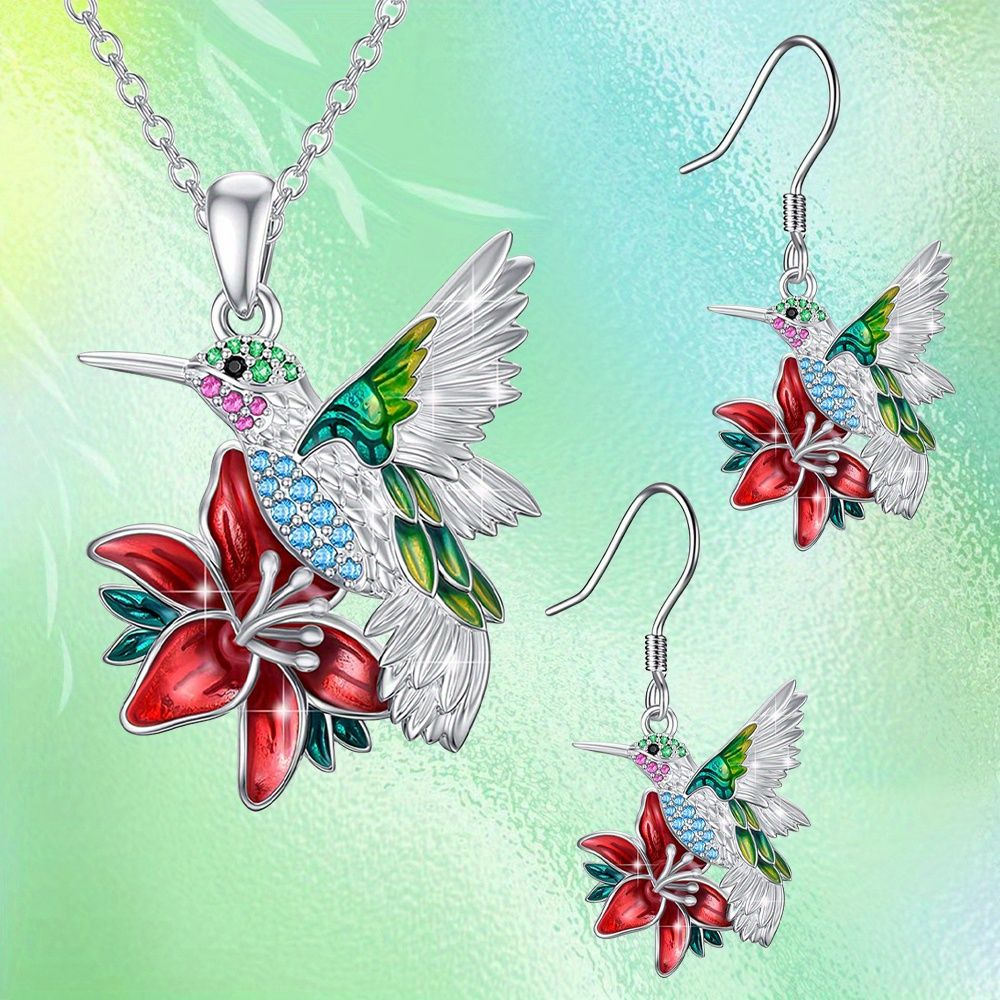 

3pcs/set, Cute Hummingbird Red Flower Earrings Necklace Set, Birthday Christmas Gifts