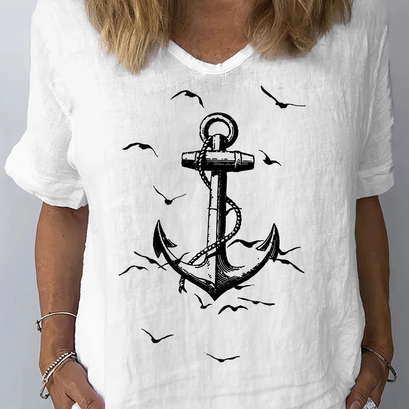 

Ship's Anchor Print V Neck T-shirt, Casual Short Sleeve T-shirt For Spring & Summer, Women's Clothing