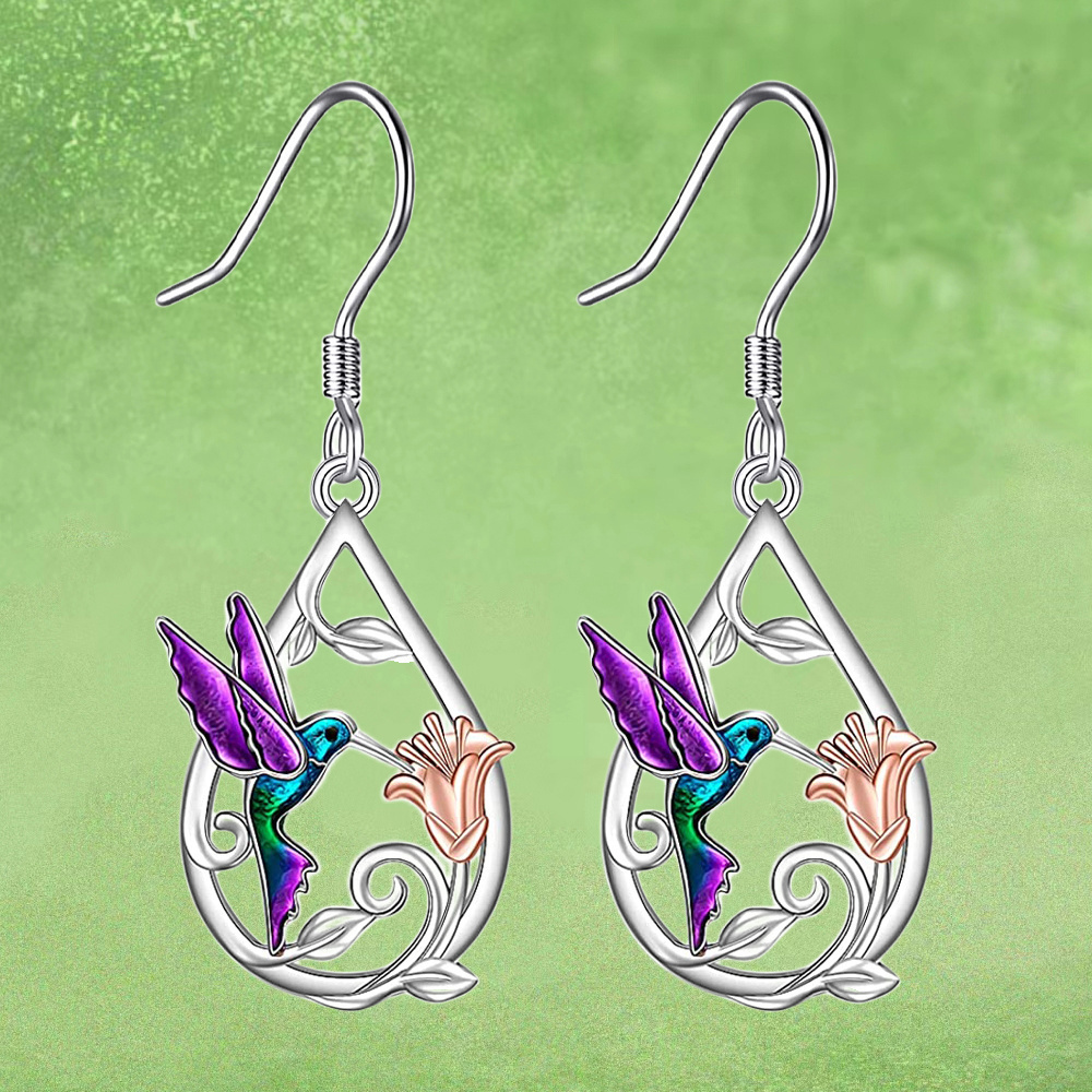 

1 Pair Hummingbird With Flower Pattern Water Drop Earrings, Great Christmas Halloween Thanksgiving Day Gift, New Year's Gift, Valentine's Day Gift