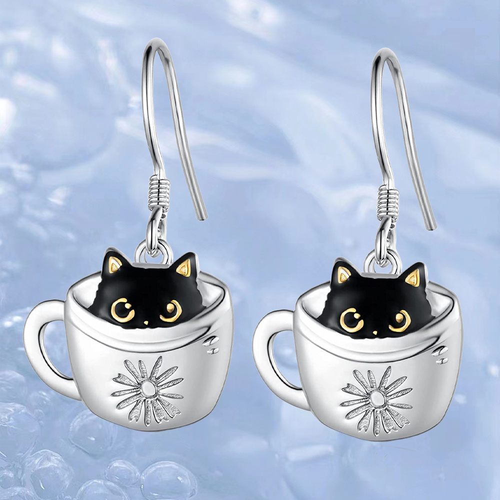 

1 Pair Cute Little Black Cat Cup Drop Earrings, Cool Party Jewelry, Christmas Halloween Gift, New Year's Gift, Valentine's Day Gift For Women Mom Family Friends