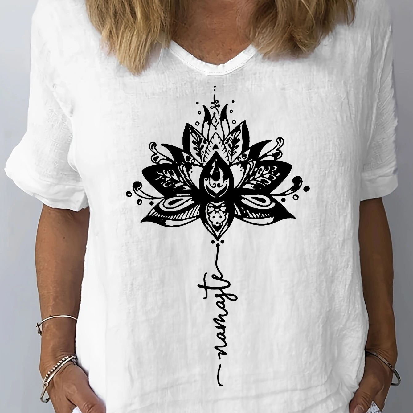 

Lotus Print T-shirt, Short Sleeve V Neck Casual Top For Summer & Spring, Women's Clothing