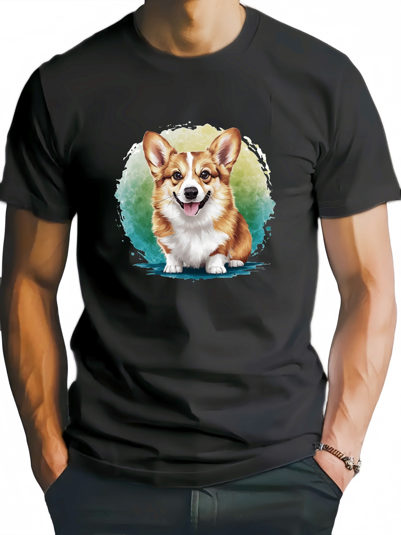men's casual graphic t-shirt corgi eating noodles design